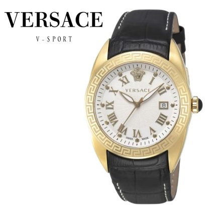 ヴェルサーチェ 腕時計 メンズ ゴールド シルバー ブラック 42mm VERSACE V-SPORT ブイスポーツ グレカ メデューサ 黒 レザー 革ベルト スイス製 メンズ腕時計 高級 ブランド おしゃれ プレゼント ギフト 卒業 入学 お祝い