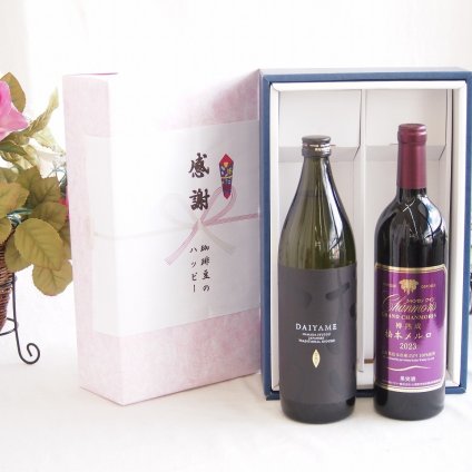 感謝の贈り物ボックス ライチのような香りの芋焼酎と国産ワインセット(樽熟成松本メルロ赤ワイン フルボディ(山梨県)750ml濱田酒造 芋焼酎だいやめ25度(鹿児島県)900ml