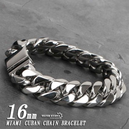 幅16mm 6面カット 喜平ブレスレット 太め ステンレス 差し込み式 喜平チェーンブレスレット 21cm マイアミキューバンリンク 父の日