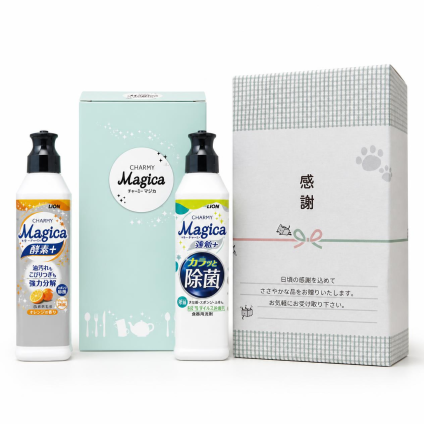 【のし風デザインネコ柄包装済×5箱】「感謝」を伝える万能ギフト ライオン チャーミーマジカ2本＆専用ドアノブ袋セット 心を届ける手書きスペース付き