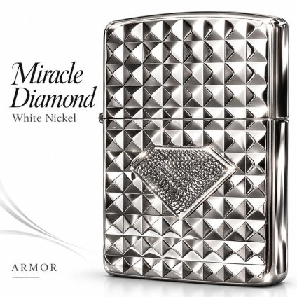 ZIPPO ライター アーマー ミラクルダイアモンド ホワイトニッケル 両面加工 ジッポ Miracle Diamond ダイヤカット 彫刻 シルバー メンズ かっこいい メタル貼り おしゃれ ギフト 重厚 プレゼント