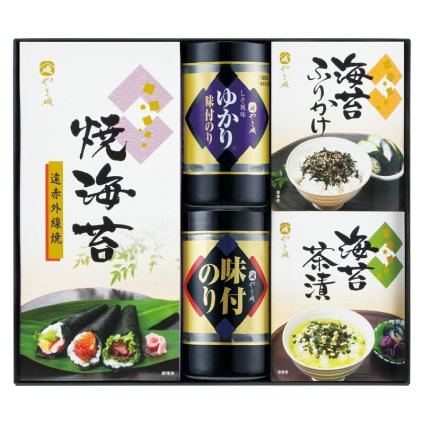 実りの秋の贈り物 やま磯味のり卓上バラエティセット 味付のり（8切24枚）･しそ風味のり（8切24枚）･焼のり 2袋詰（2切6枚）･のり茶漬（5.5g×3袋）･のりふりかけ（5g×3袋）×各1
