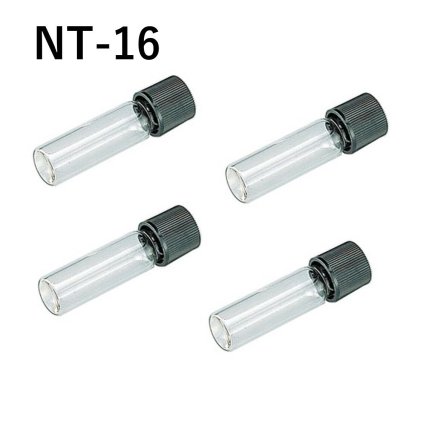 「ねじ口試験管　NT-16　1箱」　容量　6mL　材質　硼珪酸ガラス、キャップ　メラミン　オートクレーブ可　パッキン　シリコン　PTFE　四フッ化工チレンコート　胴径×全長×口内径　φ16.5×65×φ10.0　形状　平底
