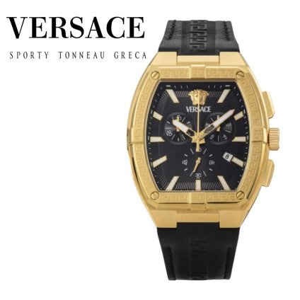 ヴェルサーチェ 腕時計 メンズ ゴールド ブラック クロノグラフ 44mm VERSACE SPORTY TONNEAU GRECA スポーティ トノー グレカ 黒 レザー 革ベルト スイス製 高級 ブランド おしゃれ プレゼント ギフト 卒業 入学 お祝い