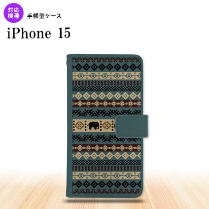 iPhone15 iPhone15 手帳型スマホケース カバー エスニック ゾウ 青 2023年 9月発売 nk-004s-i15-dr1573