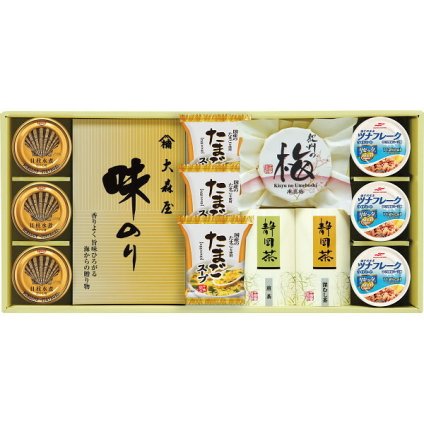 香味彩々 [26-2905-079] NK-803 大森屋 味のり 静岡煎茶 静岡深蒸し茶 紀州南高梅 貝柱水煮 ツナ缶 たまごスープ 和食 朝食 詰め合わせ 常温 保存食 お歳暮 お中元 ギフト プレゼント 内祝い お返し