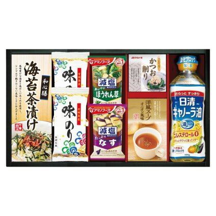 実りの秋の贈り物 日清キャノーラ油&アマノフーズバラエティセット 有明海産味のり（8切5枚）×2、日清キャノーラ油（400g）･アマノフーズ減塩いつものおみそ汁（なす）（9g）･アマノフーズ減塩いつものおみそ汁（ほうれん草）（6.8g）･丸美屋洋風スープオニオン風味（2.
