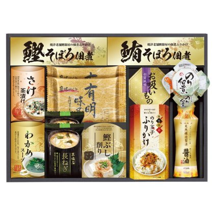 実りの秋の贈り物 白子のり&マルコメ和風詰合せ 白子有明味のり（8切8枚）･マルコメ京懐石長ねぎのおみそ汁（15.7g）×各2、鰹そぼろ佃煮（5g×3）･鮪そぼろ佃煮（5g×3）･さけ茶漬け（4.7g×2）･わかめスープ（5.3g×2）･鰹節削り（2g×2）･永谷園お吸い