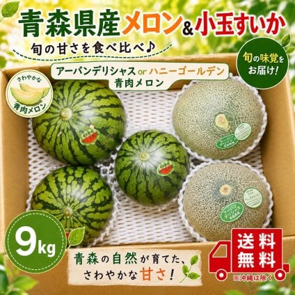 青森県産　青肉メロン　アーバンデリシャスorハニーゴールデン　2-3玉　&　青森県産　小玉すいか2-3玉　9kg