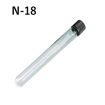 「ねじ口試験管　N-18　1箱」　容量　25mL　材質　硼珪酸ガラス、キャップ　メラミン　オートクレーブ可　パッキン　シリコン　PTFE　四フッ化工チレンコート　胴径×全長×口内径　φ18×160×φ10　形状　丸底