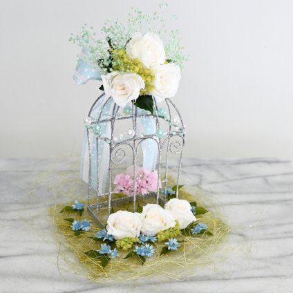 【最後の1点】蒼風のとりかご ― 白薔薇と六つの祈り ―　プリザーブドフラワー　ドライフラワー 水晶　お祝い 　飾り　ウェディング