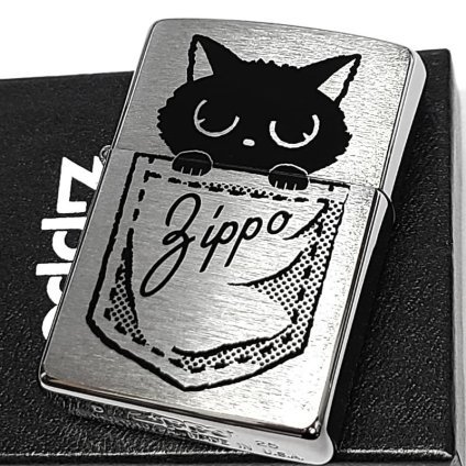 ZIPPO ライター ポケにゃん子 ネコ ジッポ かわいい シルバーサテン おしゃれ 黒猫 ギフト レディース プレゼント 女性