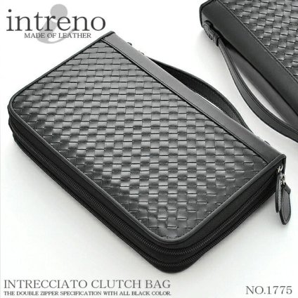 クラッチバッグ 小さめセカンドバッグ 大きめ長財布 intreno ダブルファスナー ブラック 黒 イントレチャート 編み込み バック かばん 鞄 レディース メンズ カバン 牛革 レザー 本革 NO.1775