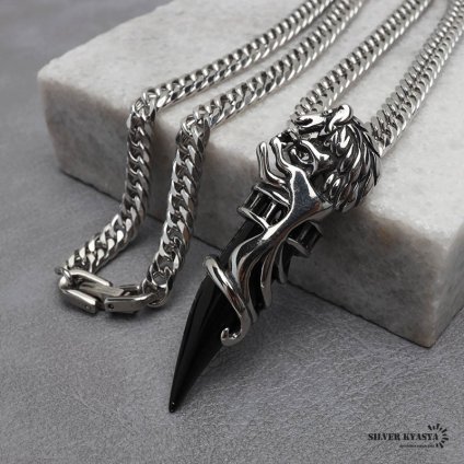 ステンレス ウルフファングネックレス シルバー ブラック ダブル喜平チェーンネックレス 幅6mm 長さ50cm 60cm 中折式 メンズ 男性 お洒落 人気 トレンド 流行り 金属アレルギー対応 ペンダント