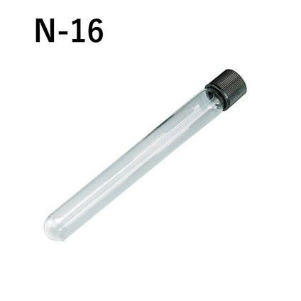 「ねじ口試験管　N-16　1箱」　容量　15mL　材質　硼珪酸ガラス、キャップ　メラミン　オートクレーブ可　パッキン　シリコン　PTFE　四フッ化工チレンコート　胴径×全長×口内径　φ16.5×130×φ10.0　形状　丸底