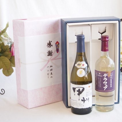 感謝の贈り物ボックス 山梨県甲州種ぶどう100%使用白ワインと国産ワインセット(山梨県産葡萄使用 デラウエア白ワイン やや辛口(山梨県)720mlシャンモリ柑橘香御坂甲州白ワイン(山梨県)750ml