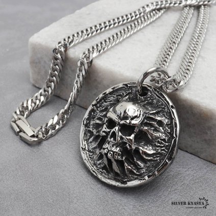 ステンレス メダルネックレス スカルネックレス シルバー ダブル喜平チェーンネックレス 幅6mm 長さ50cm 60cm ホラー 骨 中折式 メンズ 男性 お洒落 人気 トレンド 流行り 金属アレルギー対応 ペンダント