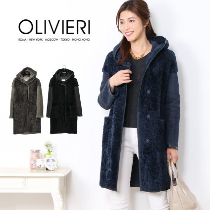 OLIVIERI/オリヴィエリ シェアード ムートン ロング コート ダブルフェイス フード付き イタリア製/レディース 毛皮 ファー ロングコート アウター 秋 冬 ギフト プレゼント 7F (01000692r)