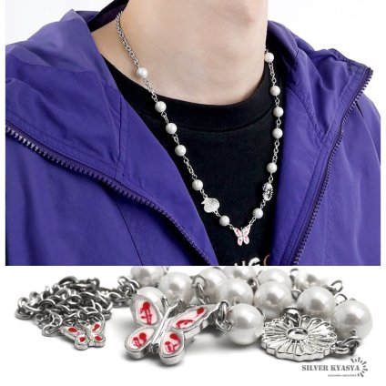 ネックレス メンズ パールネックレス 蝶 バタフライ 花 フラワー ストリート silver 銀色 red 赤色 white 白色 金属 父の日 男性