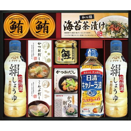 ヤマサ 絹しょうゆ バラエティギフト [26-2753-023] KI-70R2 調味料ギフト 絹しょうゆ だしの素 鰹パック キャノーラ油 鮭ほぐし お茶漬け まぐろ缶 詰め合わせ 贈り物 御中元 御歳暮 内祝い 出産 結婚 お返し ギフト