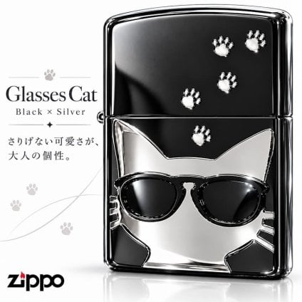 ZIPPO ねこ ライター サングラス 足跡 ジッポ 猫 かわいい ユニーク ブラックニッケル 銀差し キャット メタル貼り ネコ 女性 シルバー 黒 レディース ギフト メンズ プレゼント