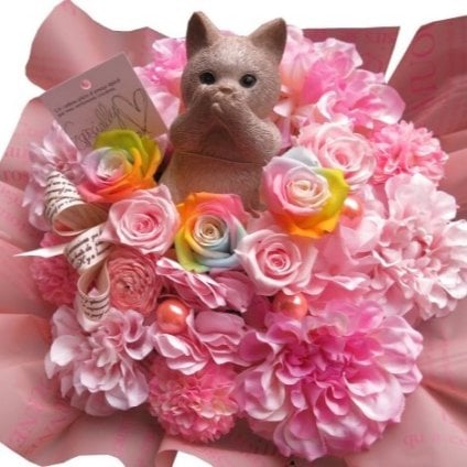 猫 置物入り 花束風ギフト 枯れない レインボーローズ プリザーブドフラワー入りギフト ケース付き キャンディカラー 