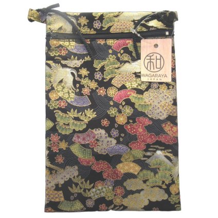 ポシェット 巾着 和柄（鶴） 裏地付き 綿100％ 【日本製】 約23cm×15cm ポケット部分ファスナー付き＆サブポケットがあります