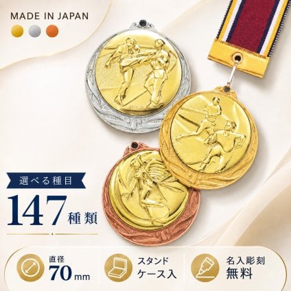 表彰メダル（マイティメダル）【金・銀・銅】直径70mm 首掛けリボン・スタンドケース入【文字彫刻無料】記念品 優勝 卒団 卒業 ごほうび 景品 大会 スポーツ 部活 ケース付