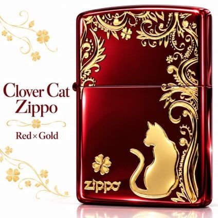 ZIPPO ライター ねこ キャット ジッポ 猫 クローバー ロゴ 四つ葉 かわいい おしゃれ ジッポー レッド 赤 ネコ 可愛い 女性 レディース メンズ ギフト プレゼント