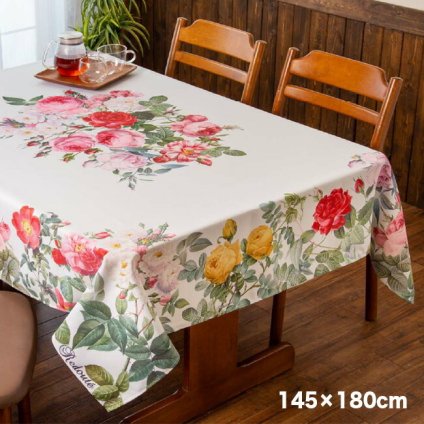 即納 Redoute ルドゥーテ テーブルクロス B 145×180cm F094B／S[バラ柄 薔薇柄 ローズ柄 かわいい クロス 布 おしゃれ 可愛い バラ 薔薇 ローズ ばら 花 撥水加工 撥水 洗える サイズ 大きさ 4人掛け テーブル]