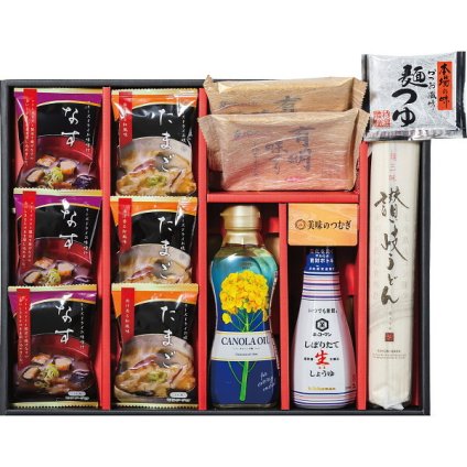 美味のつむぎ バラエティセット [26-7596-121] FKN-EZ なす味噌汁 たまごスープ 味のり 生醤油 キャノーラ油 讃岐うどん めんつゆ フリーズドライ 詰合せ 料理 ギフト