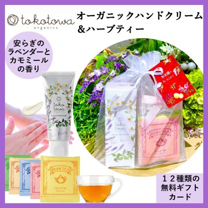 【オーガニックハンドクリーム ラベンダーとカモミールの香り】【ハーブティー】ギフトセット - プレゼント 誕生日 母の日 新生活応援 出産祝い 出産内祝い（お返し） ホワイトデー クリスマス 退職 入学 卒業 祝い 保湿 乾燥 手荒れ 消毒・除菌による手荒れ 敏感肌 高級 ハイブレンド おしゃれ いい匂い アロマ 無添加 国産 人気　トコトワオーガニクス フレグランス
