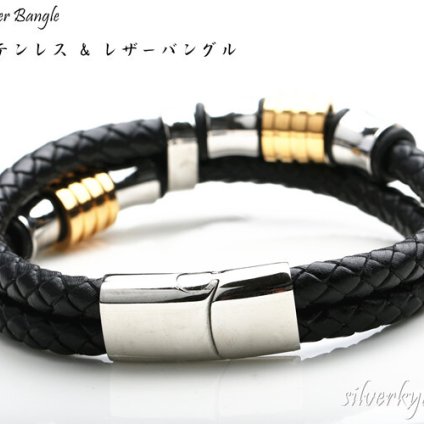 レザーバングル 腕輪 ゴールド シルバー シンプル 本革 編み込み 革ブレスレット メンズ ステンレス 父の日 男性