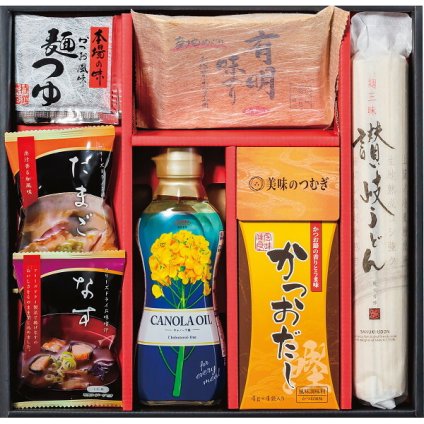 美味のつむぎ バラエティセット [26-7596-105] FKN-CZ なす味噌汁 たまごスープ 味のり 生醤油 キャノーラ油 讃岐うどん めんつゆ フリーズドライ 詰合せ 料理 ギフト