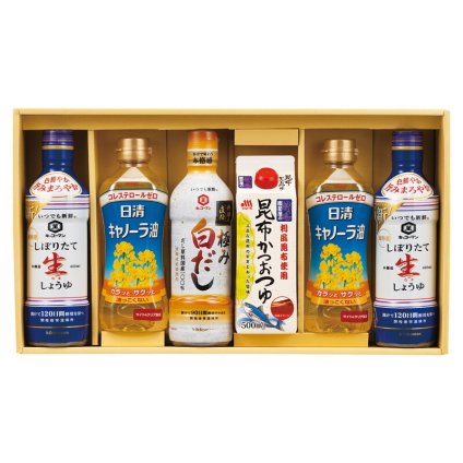 実りの秋の贈り物 極み白だし&調味料バラエティセット セット内容/日清キャノーラ油（350g）･キッコーマンいつでも新鮮しぼりたて生しょうゆ（450ml）×各2、キッコーマンいつでも新鮮料理人直伝極み白だし（450ml）･マルトモ昆布かつおつゆ（500ml）×各1