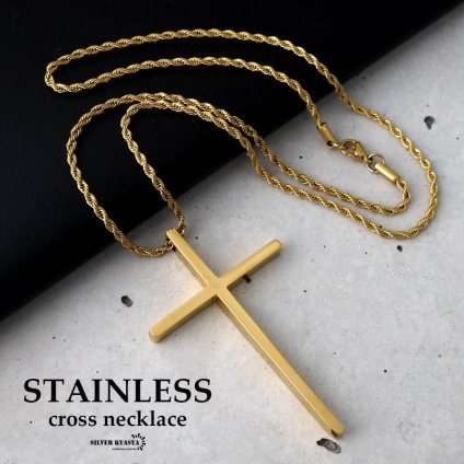ステンレス クロスネックレス 十字架 ロープチェーン 細身 細い 50cm gold ゴールド シンプル 男性 金属アレルギー対応 メンズ ペンダント