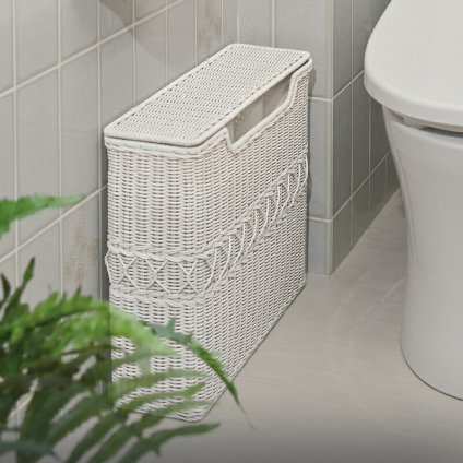 トイレットペーパー 収納 ストッカー ふた付き バスケット ラタン スリム コンパクト おしゃれ かわいい フェミニンデコ ガーリー 姫系 ロマンティック フレンチシャビー ホワイトラタン 白 家具 雑貨 新生活