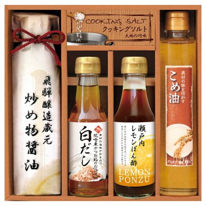 実りの秋の贈り物 厳選こだわり調味料ギフト 美食ファクトリー 炒め物醤油（200ml）･こめ油（165g）･瀬戸内レモンぽん酢･枕崎産鰹だし使用白だし（各150ml）･クッキングソルト（30g）×各1
