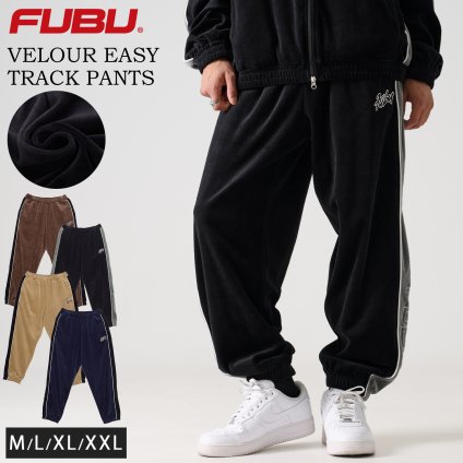 FUBU フブ ロングパンツ メンズ ベロアパンツ イージーパンツ トラックパンツ ルーズシルエット ウエストゴム ブランド 秋 冬 ロゴ 刺繍 大きいサイズ XL XXL オーバーサイズ アメカジ レディース ストリート系 黒 2025fw karlas