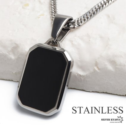 ステンレス ブラック ストーンネックレス ペンダントネックレス 小ぶり シンプル ダブル喜平チェーン 細身 シルバー メタル 小さい プレート 四角 長方形 幾何学 メンズ 男性 金属アレルギー対応