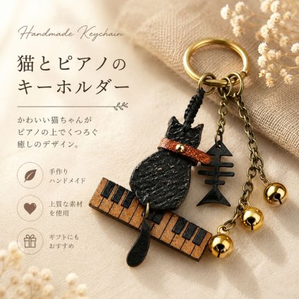 猫 キーホルダー 本革 ピアノ 猫モチーフ 魚の骨 鈴付き レザー バッグチャーム キーリング 音楽 楽器 ねこ ネコ おしゃれ かわいい プレゼント ギフト