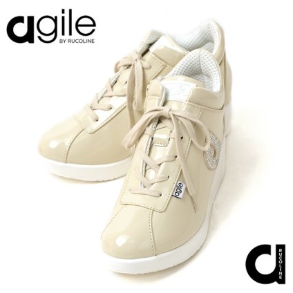ルコライン 靴 アージレ バイ ルコライン スニーカー agile-180BE ULTRA STRASS エナメル調 ベージュ ラインストーン付 サイドファスナー付 agile by RUCO LINE