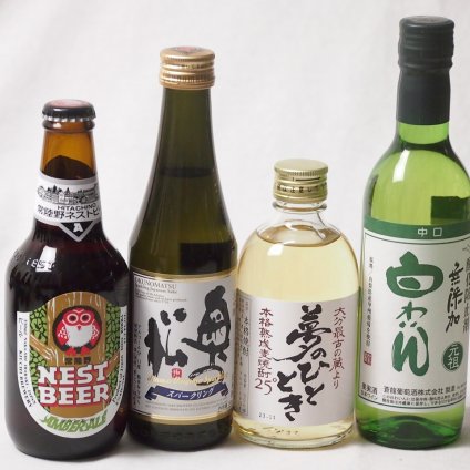 夢のひとときとハーフサイズ4本セット(奥の松 純米大吟醸スパークリング（福島県） 井上酒造 麦焼酎夢のひととき25度（大分県） 常陸野 アンバーエール(茨城県) 蒼龍葡萄株式会社 酸化防止剤無添加 白わいん中口(山梨県)) 290ml×1本 300ml×
