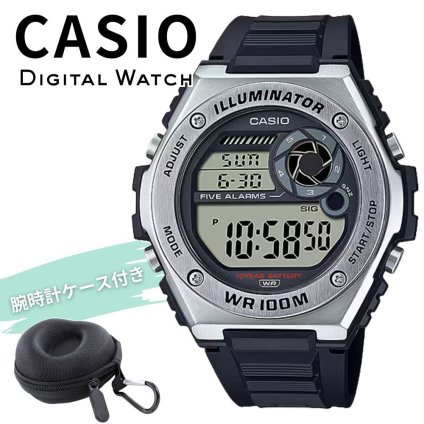 カシオ 腕時計 メンズ ブラック シルバー デジタル CASIO 海外モデル 10年電池 100m防水 デュアルタイム ストップウォッチ タイマー アラーム LEDライト スポーツ プレゼント ギフト 収納ケース付き 成人 卒業 入学