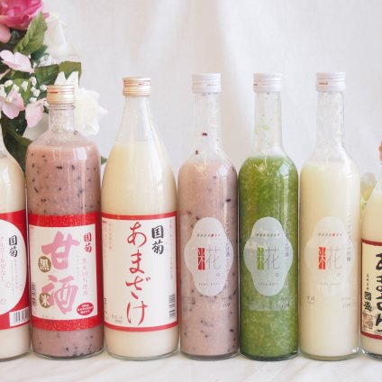 バラエティ国産ノンアルコール豪華甘酒7本セット(山崎 一糀【吟醸・抹茶・古代米500ml×3本】(愛知県)国菊あまざけ、黒米、発芽玄米985g×3本(福岡県)国盛 酒蔵のあまざけ500ml(愛知県))計7本