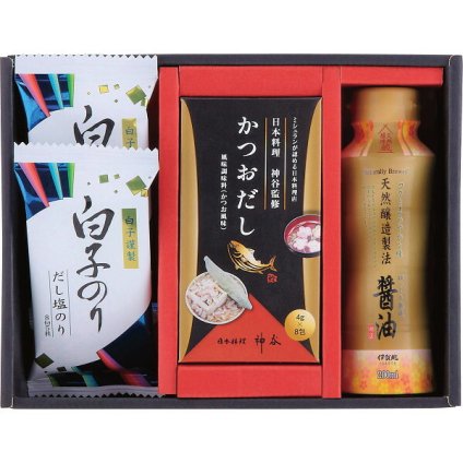和の調味料詰合せ のり佃煮 [26-7596-016] 鮭ほぐし かつおだし 醤油 キャノーラ油 味のり みりん 神谷監修 ギフト