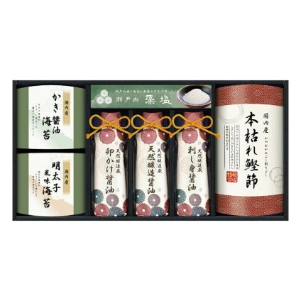 実りの秋の贈り物 天然醸造蔵仕込み 和心詰合せ 伊賀越 本枯れ鰹節（2g）×3、牡蠣醤油海苔･明太子風味海苔（各8切6枚）･天然醸造蔵仕込み卵かけ醤油･天然醸造蔵仕込み刺し身醤油･天然醸造蔵仕込み天然醸造醤油（各200ml）･瀬戸内藻塩（50g）×各1