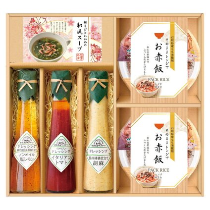 実りの秋の贈り物 赤飯とドレッシングのお祝御膳 飛騨高山ファクトリー 桜えびとわかめの和風スープ（5.2g）×3、石川県産もち米使用赤飯パック（160g）×2、飛騨高山ファクトリー（信州りんご仕立て胡麻ドレッシング･イタリアントマトドレッシング･ノンオイル塩レモンドレッシ