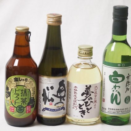 夢のひとときとハーフサイズ4本セット(奥の松 純米大吟醸スパークリング（福島県） 井上酒造 麦焼酎夢のひととき25度（大分県） 金しゃちビール抹茶ドラフト(愛知県) 蒼龍葡萄株式会社 酸化防止剤無添加 白わいん中口(山梨県)) 290ml×1本 300m