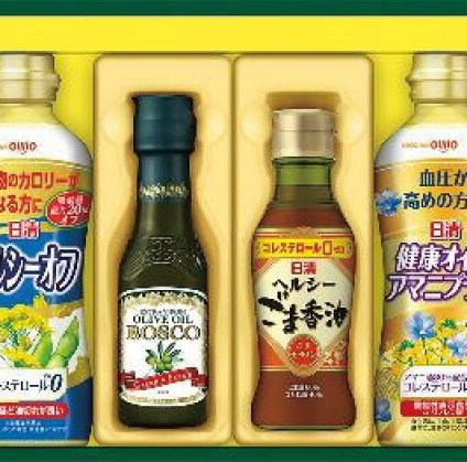 夏の贈り物お中元 調味料ギフト 日清オイリオ キッコーマンしぼりたて生しょうゆ（450ml）×2、ヘルシーオフ・健康オイルアマニプラス（各350g）・ヘルシーごま香油（145g）・ボスコエキストラバージンオリーブオイル（140g）×各1